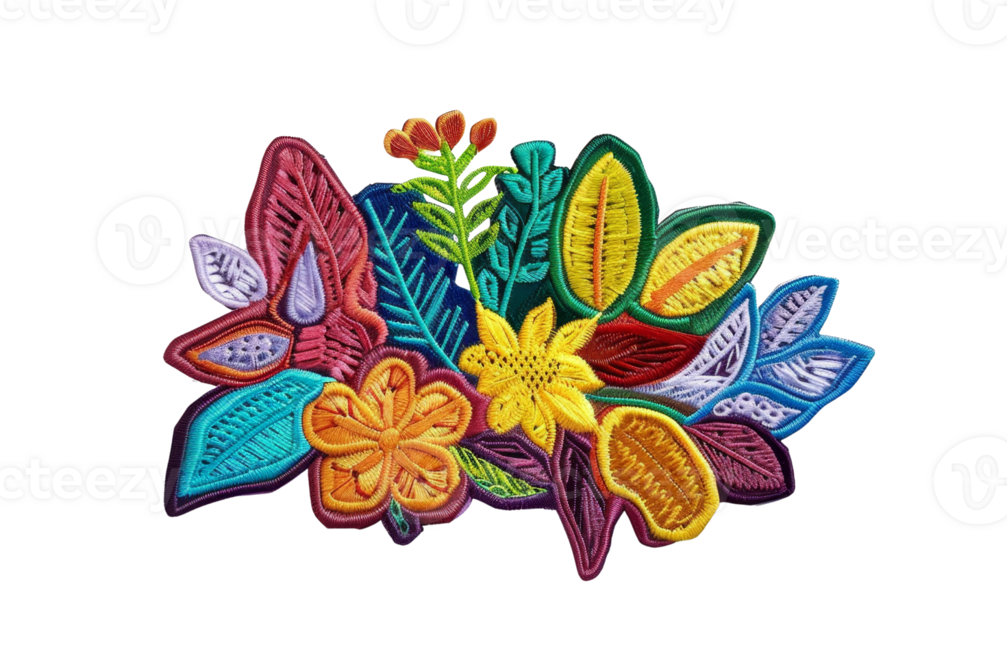 Colorful floral embroidery design featuring vibrant flowers and leaves, perfect for textile and decoration projects. png