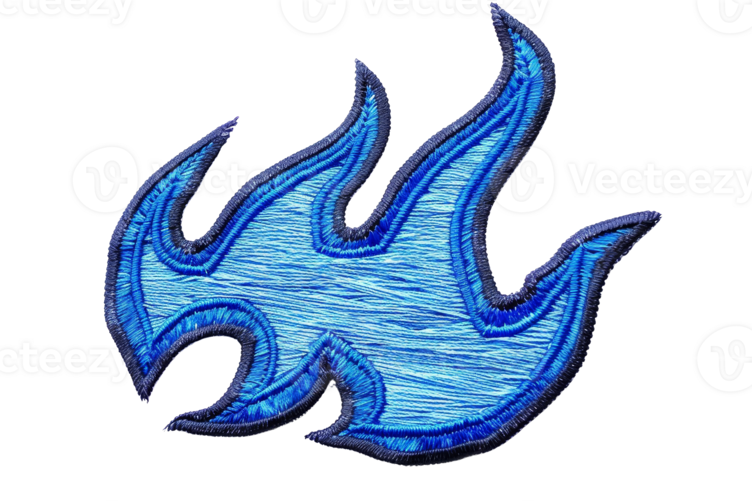 Blue flame embroidery patch on transparent background, perfect for adding a fiery touch to textile and fashion designs. png