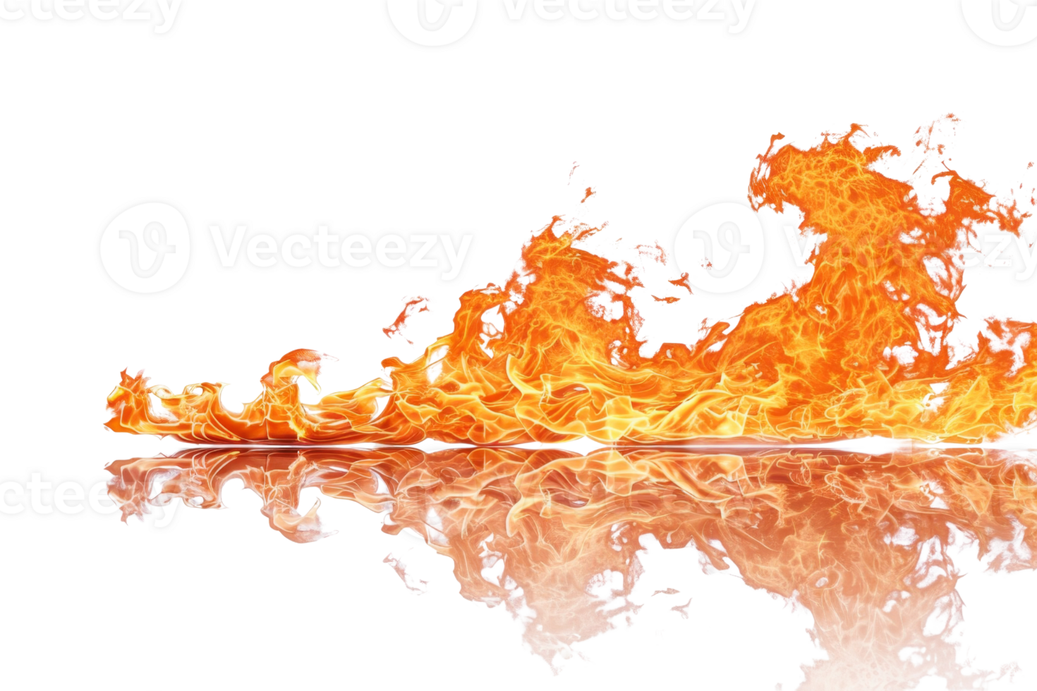 Dynamic horizontal flame with reflection on black background showcasing intense heat, energy, and combustion in a captivating visual display. png