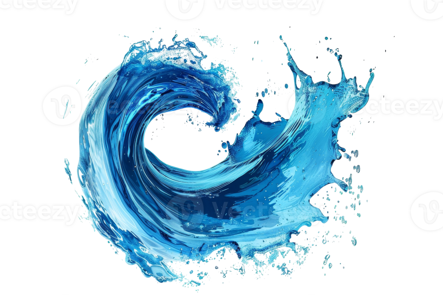 Abstract digital illustration of a blue water splash resembling a wave, over a transparent background. Perfect for design and print projects. png
