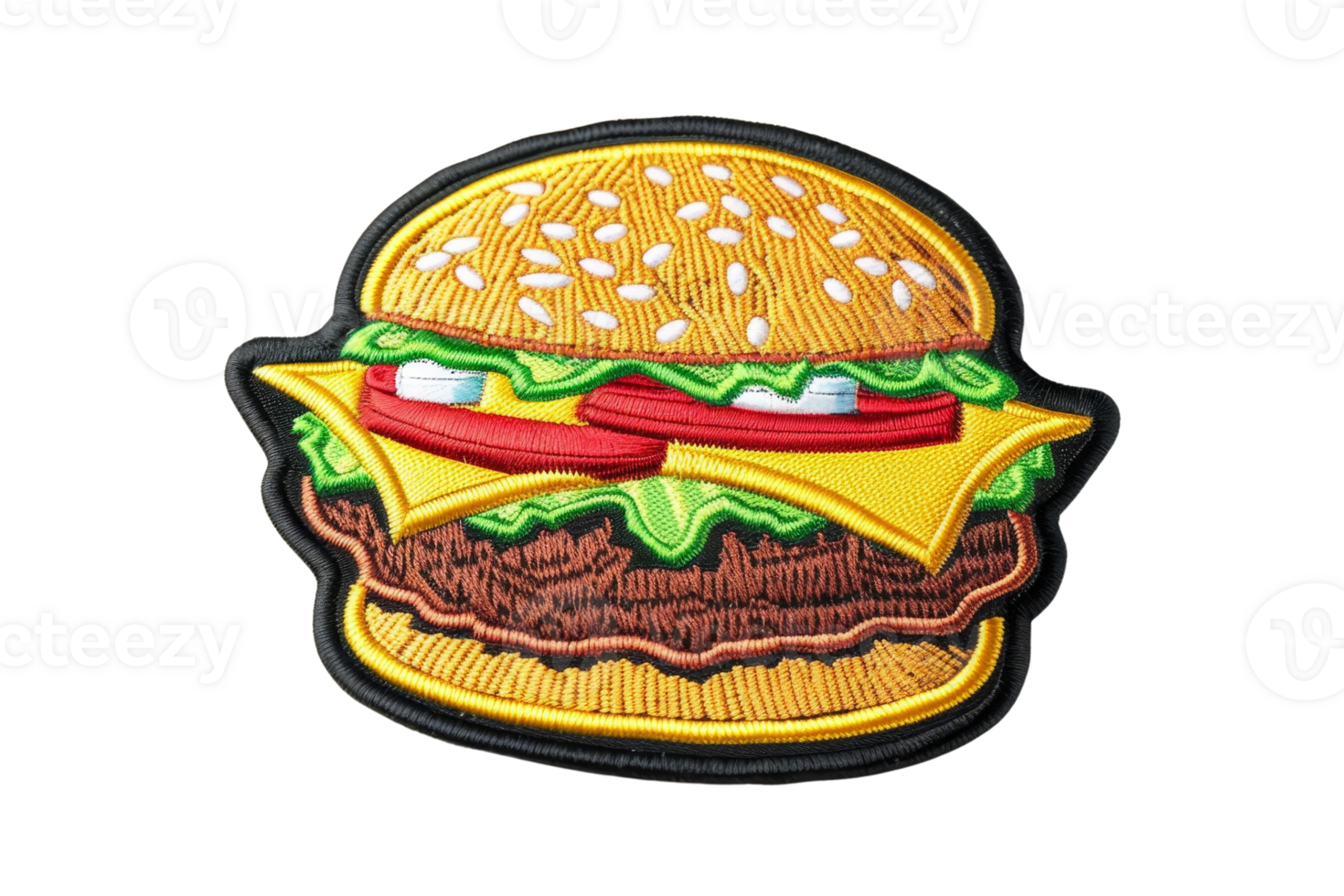 Close-up of an embroidered burger patch featuring lettuce, tomato, cheese, and beef patty on a sesame seed bun. png