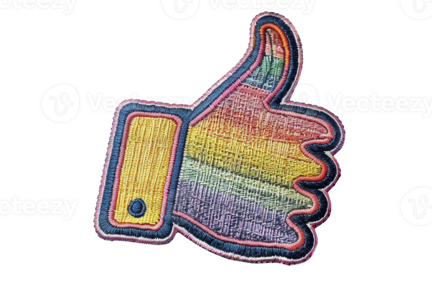 Colorful thumbs-up embroidered patch with rainbow gradient colors isolated on a transparent background. Creative fabric textile design element. png