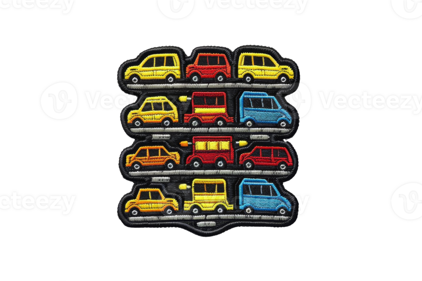 Colorful embroidered patch featuring rows of toy cars in red, yellow, and blue, ideal for garment decoration, crafting, and customization. png