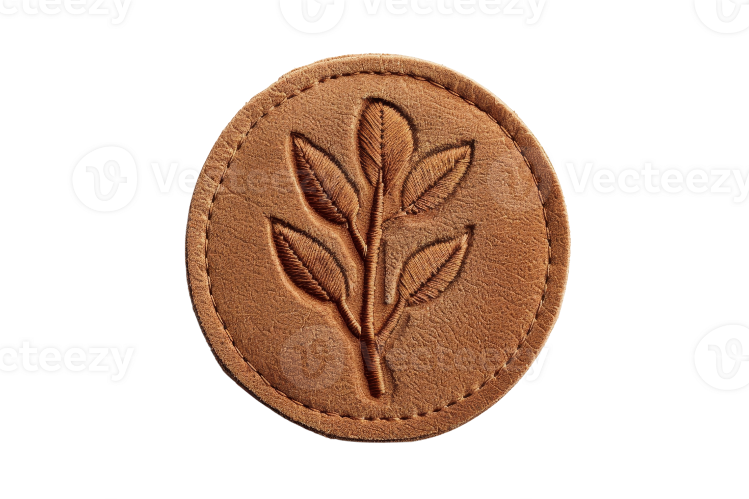 Round, brown leather patch with embossed leaf design. Perfect for crafts, DIY projects, and clothing accessories. png