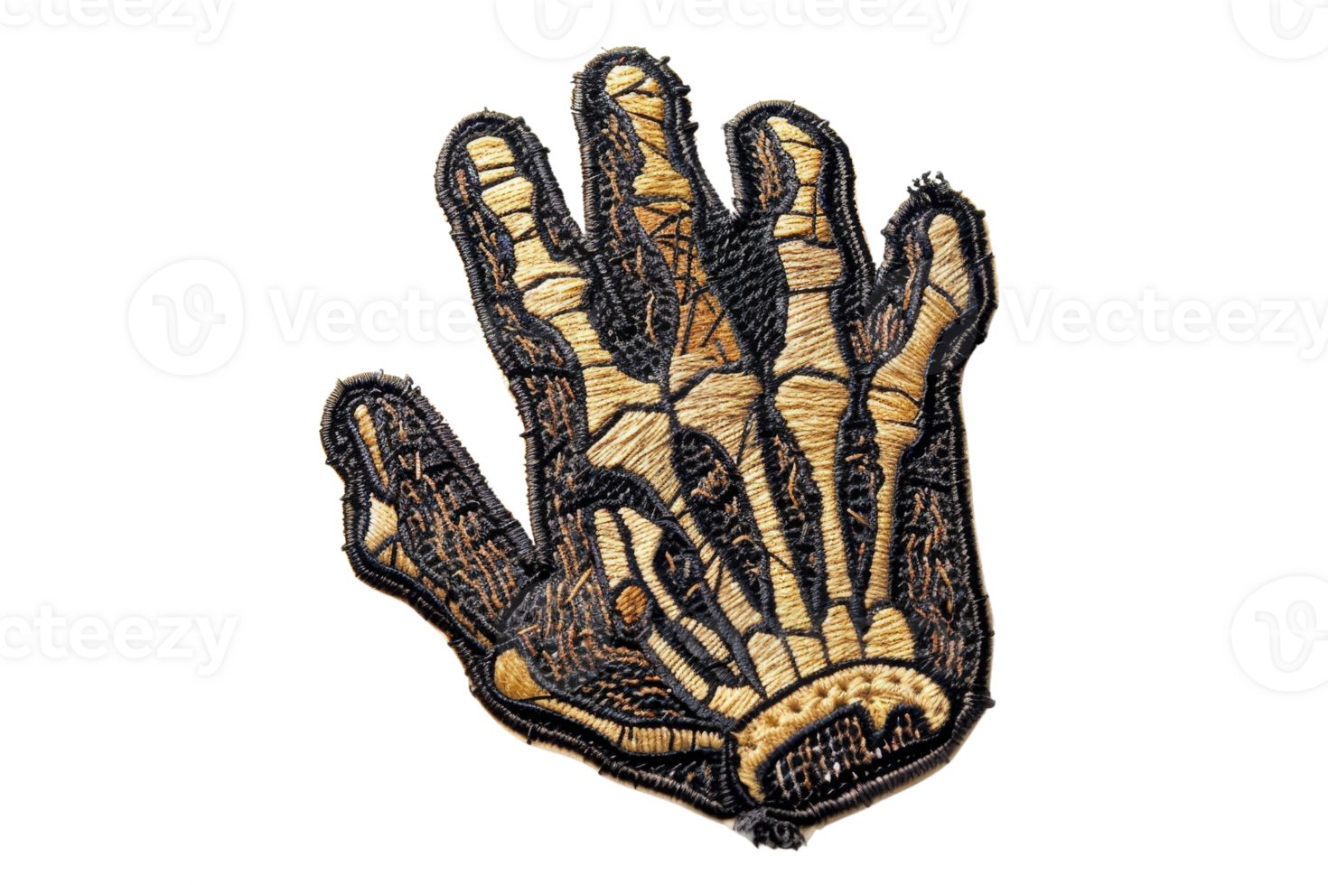 Patch of a skeletal hand with intricate embroidery detail on a black background, perfect for apparel and accessory customization. png