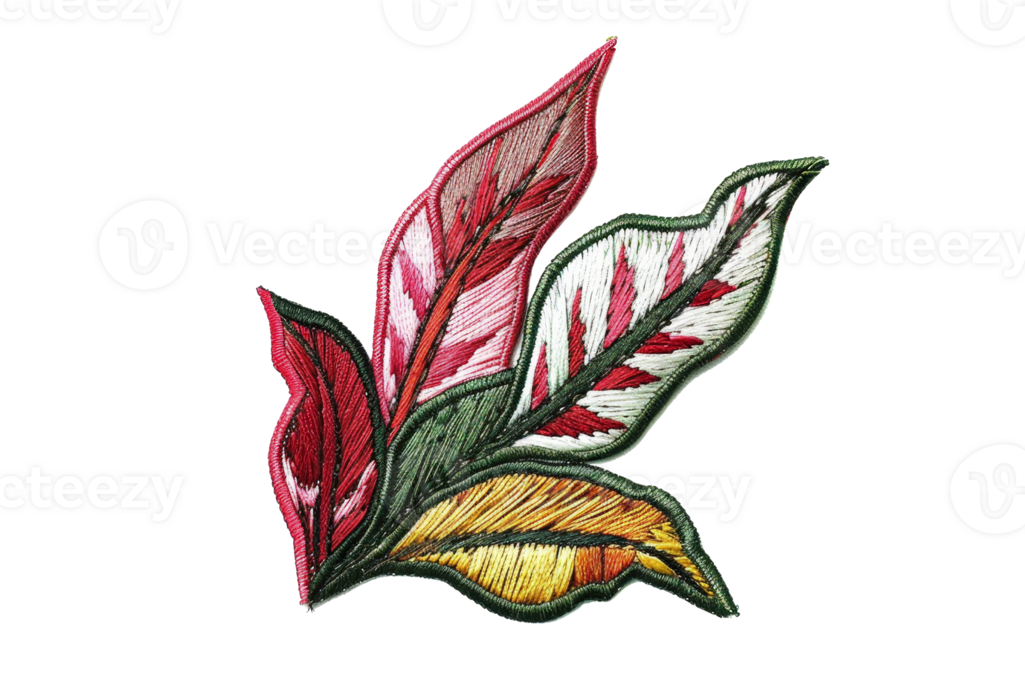 Colorful embroidered leaves with vibrant red, green, and yellow hues. Decorative fabric patch ideal for clothing and craft projects. png