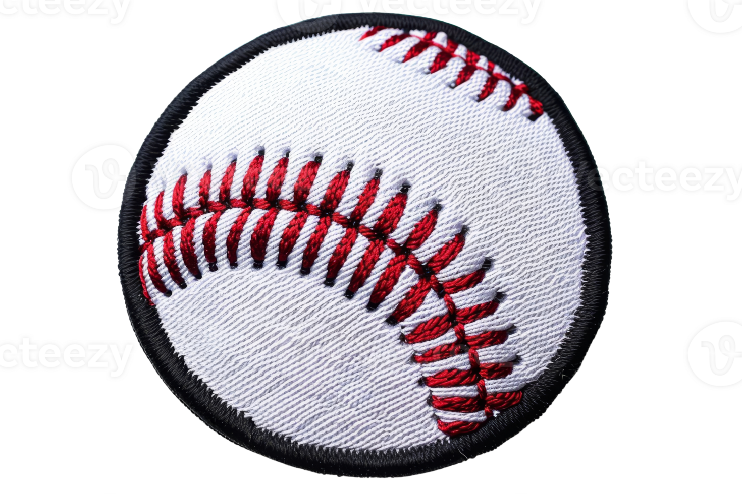 Close-up image of a detailed baseball patch with red stitching and white surface, perfect for sports enthusiasts and design projects. png