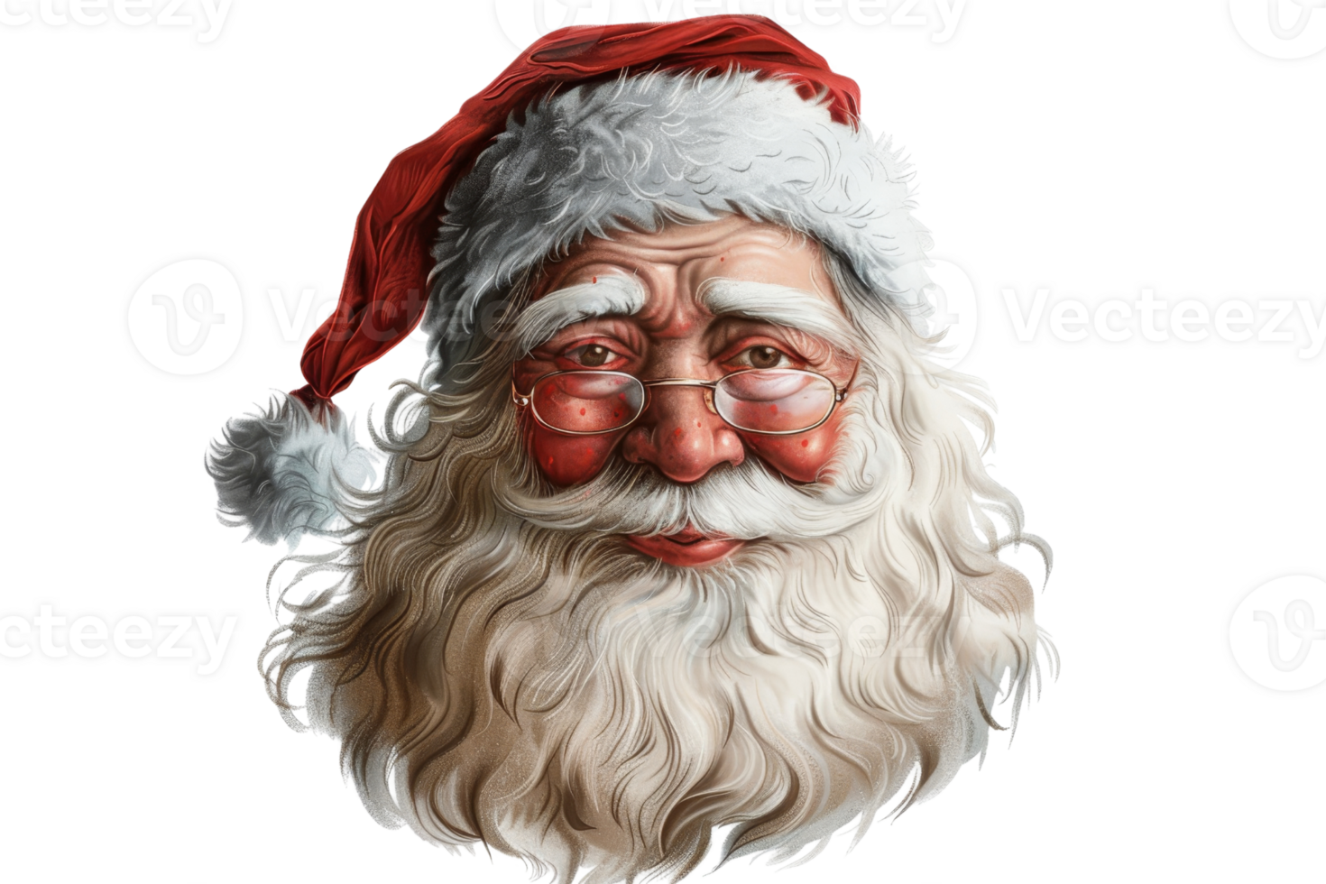 Charming illustration of Santa Claus with a rosy-cheeked smile, wearing his iconic red hat and glasses, perfect for Christmas-themed projects. png