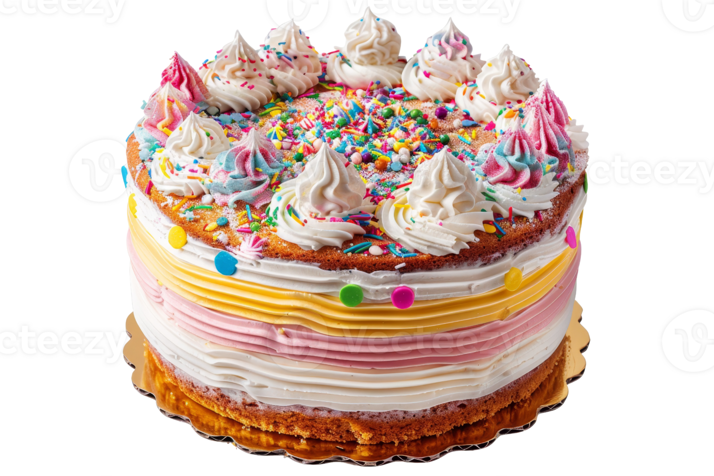 Colorful birthday cake with vibrant icing and sprinkled toppings, perfect for celebrations and festive events. png