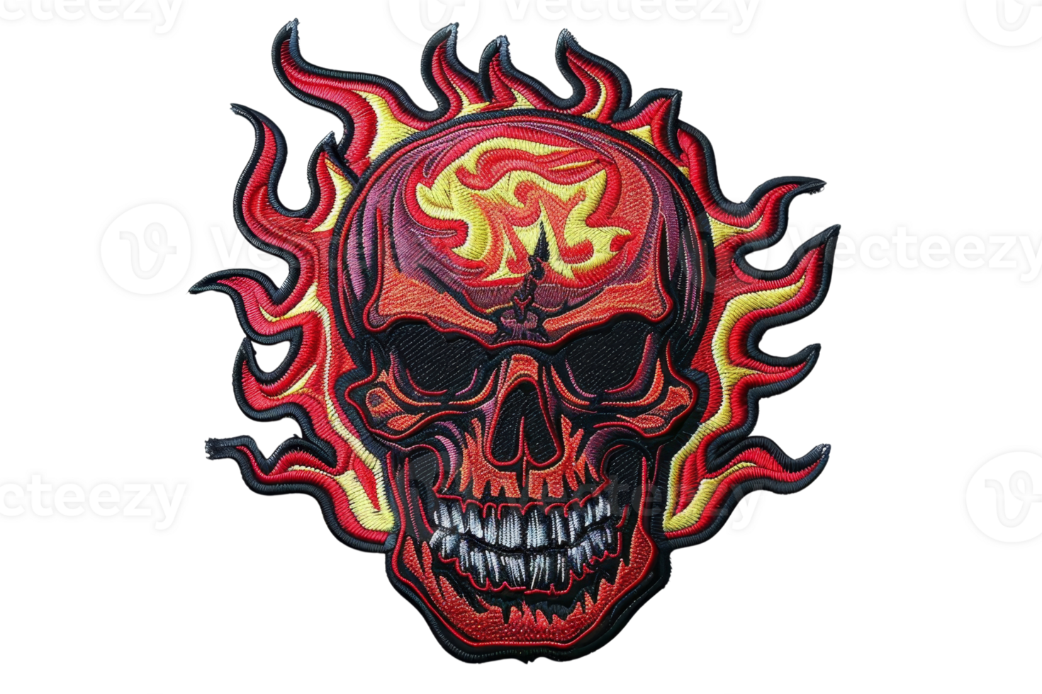 Fiery skull with vibrant red and yellow flames on a black background. Perfect for edgy designs and Halloween themes. png