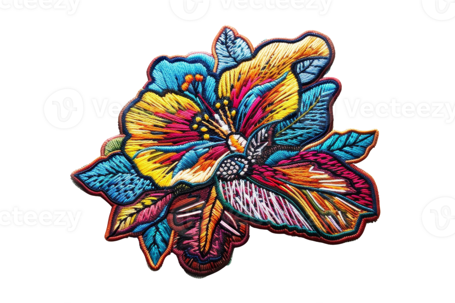 Colorful embroidered flower patch with intricate details and vibrant hues, perfect for fashion, DIY projects, and textile embellishments. png