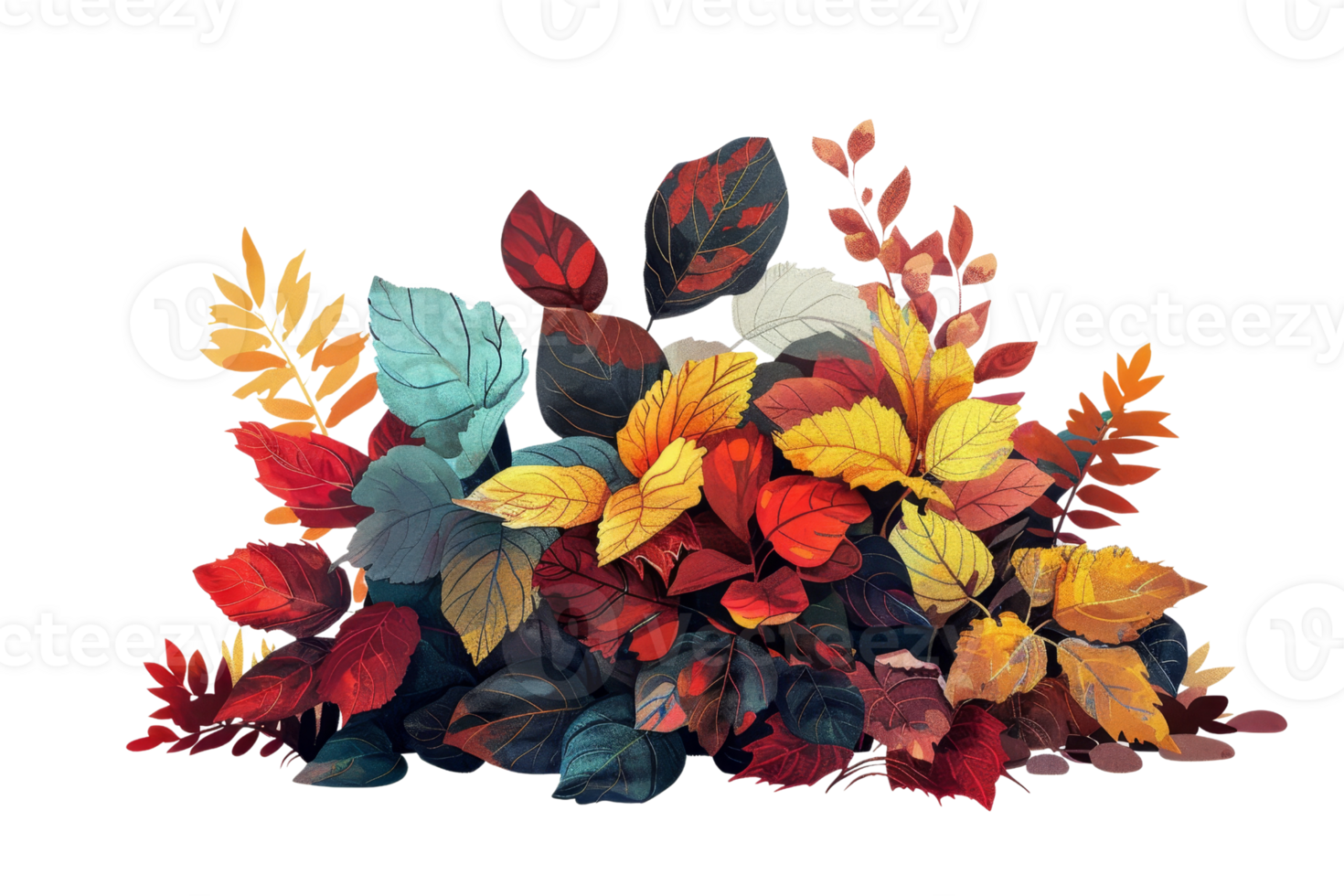 Colorful autumn leaves arrangement with vibrant reds, yellows, and oranges, perfect for fall-themed designs and seasonal decorations. png