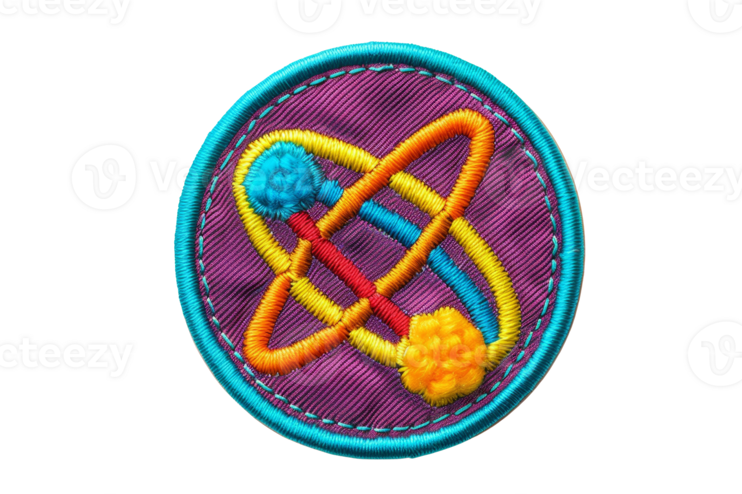 Colorful embroidered science badge featuring an atomic symbol with vibrant colors on a circular patch background. png