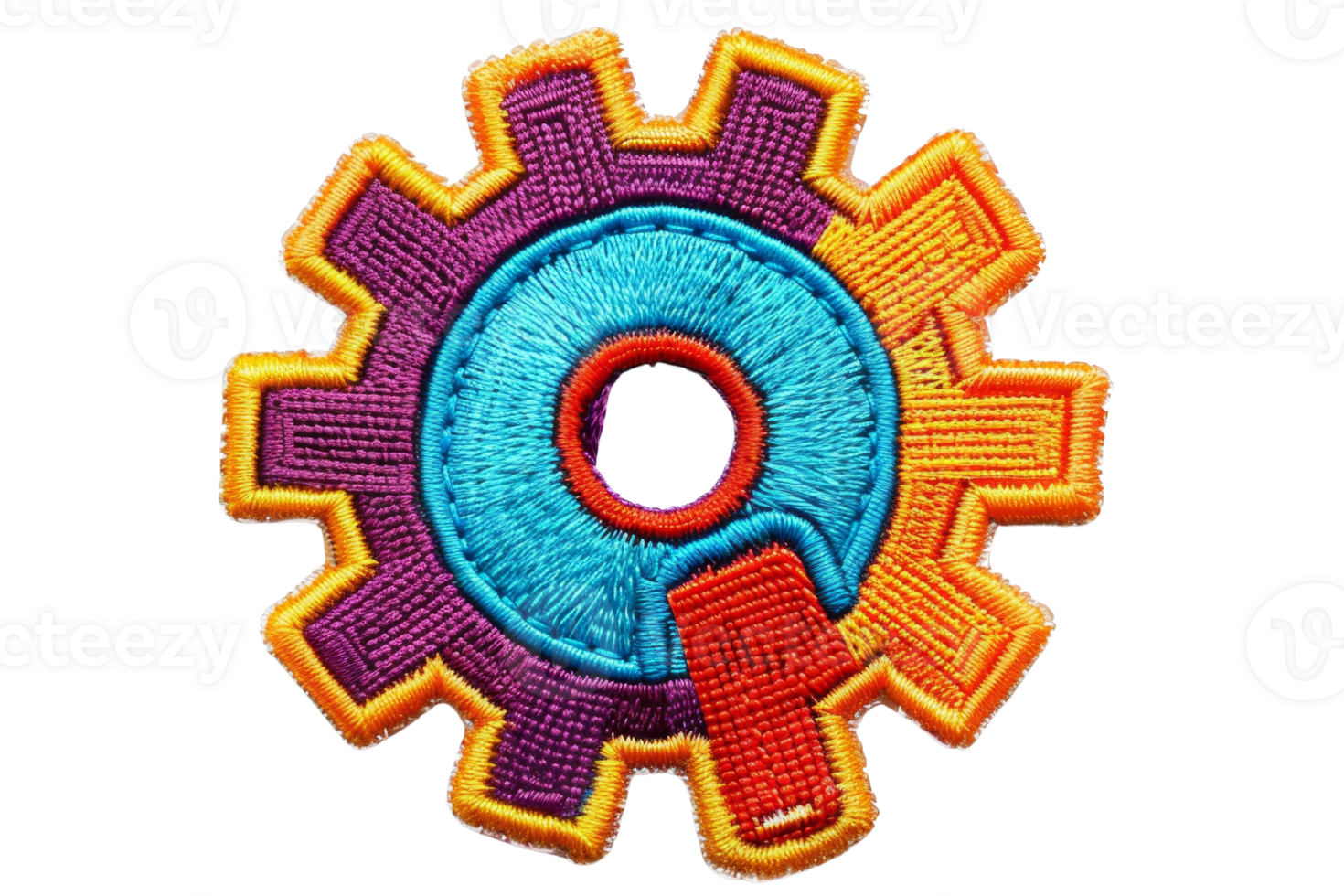 Colorful embroidered gear patch with vibrant hues of orange, blue, and purple. Perfect for decoration or DIY projects. png