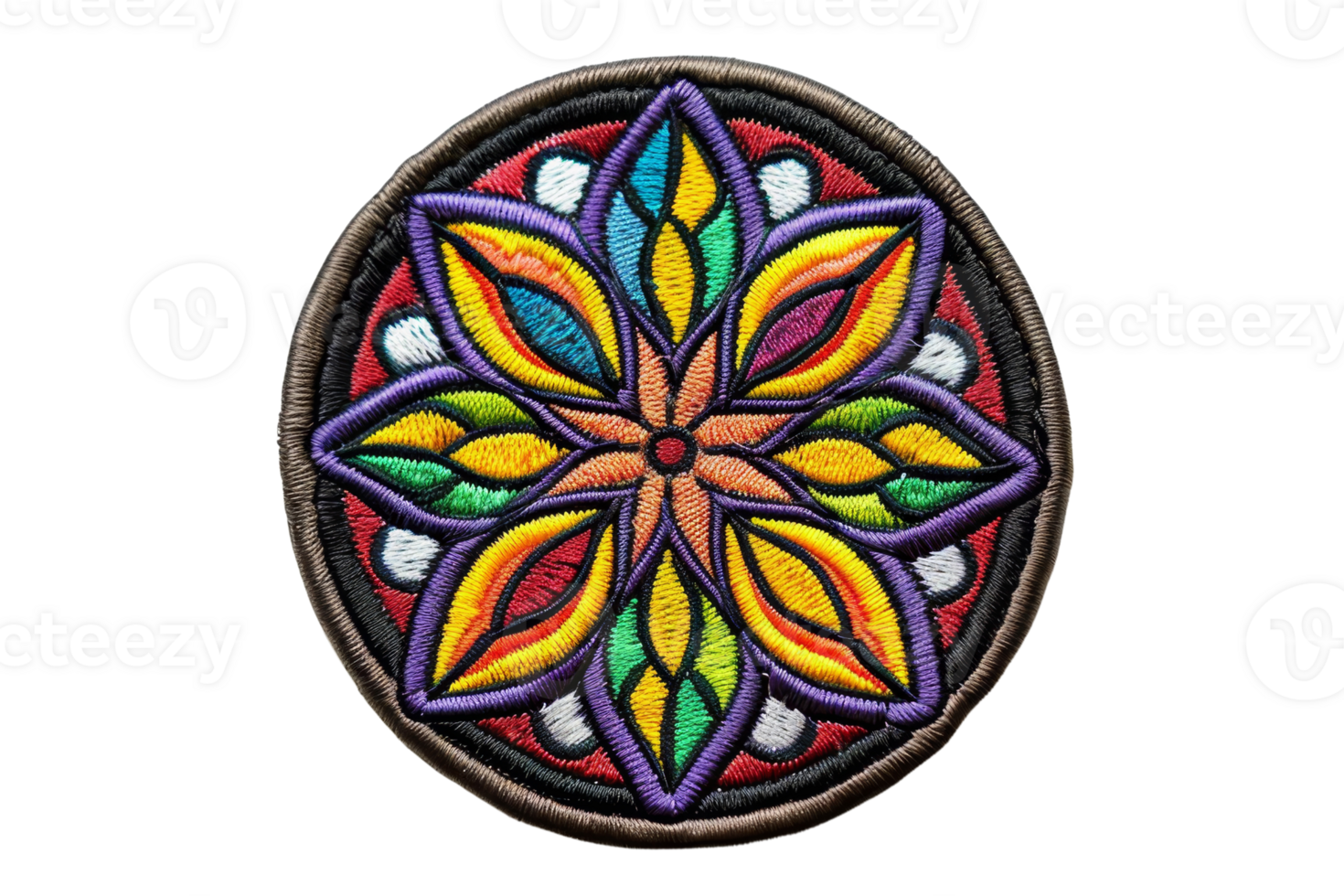 Colorful embroidered circular pattern with floral and geometric shapes, creating a vibrant and intricate design perfect for textiles and crafts. png