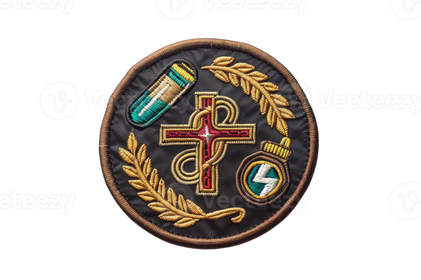 Embroidered black circular patch with golden medical symbols featuring a cross, a pill, and an electric bolt, surrounded by laurel leaves. png