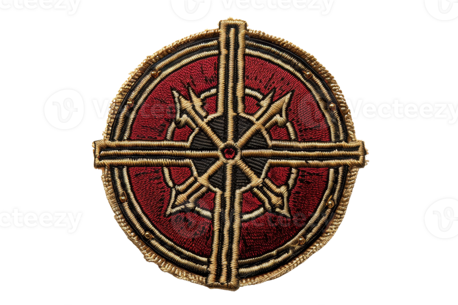 Intricately designed embroidered patch with a detailed compass rose pattern on a red background, perfect for customization and embellishments. png