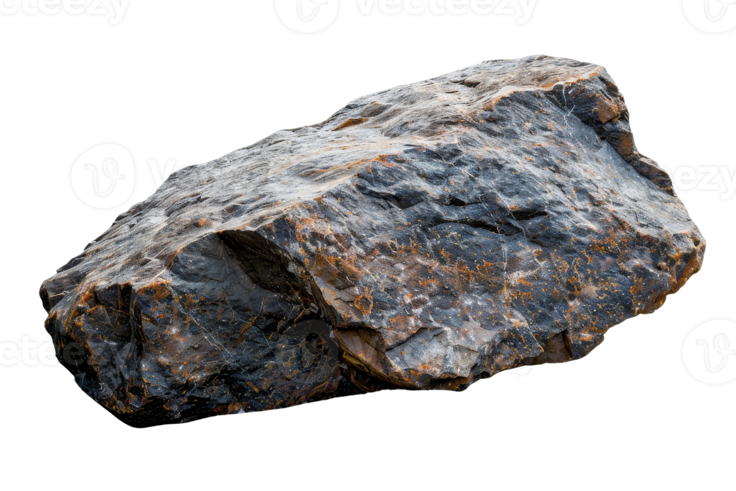 High-resolution image of a rugged, dark-colored rock showing detailed texture, perfect for geological studies and natural-themed designs. png