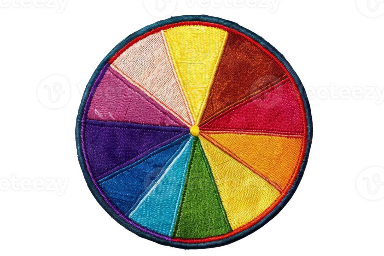 Colorful circular quilt with various sections in different vibrant colors arranged in a wheel-like pattern on a transparent background. png