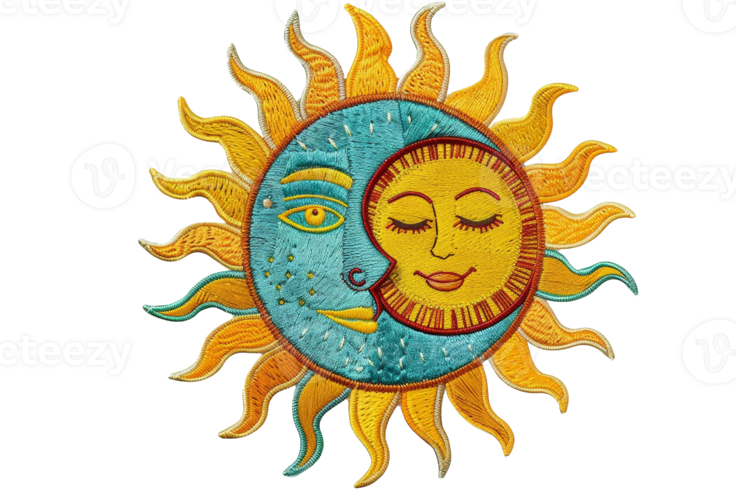 A vibrant sun and moon wall art piece with vivid colors and intricate detailing, representing the harmonious balance of day and night. png