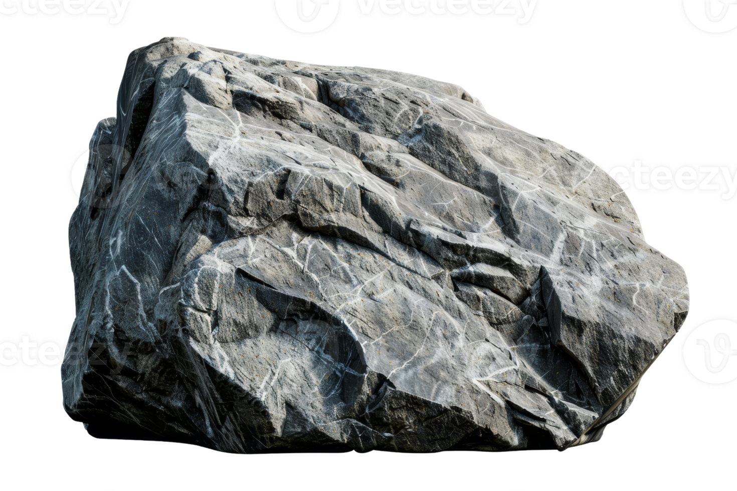 High-resolution image of a large, textured gray rock with detailed striations, isolated on a transparent background. png
