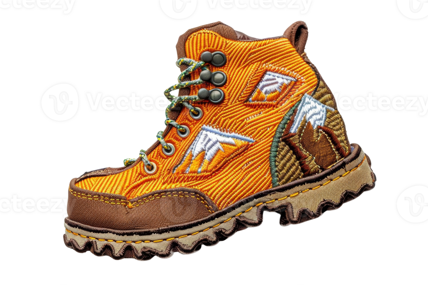 Close-up image of an orange hiking boot with rugged design and intricate stitching, featuring laces and detailed accents for outdoor adventures. png