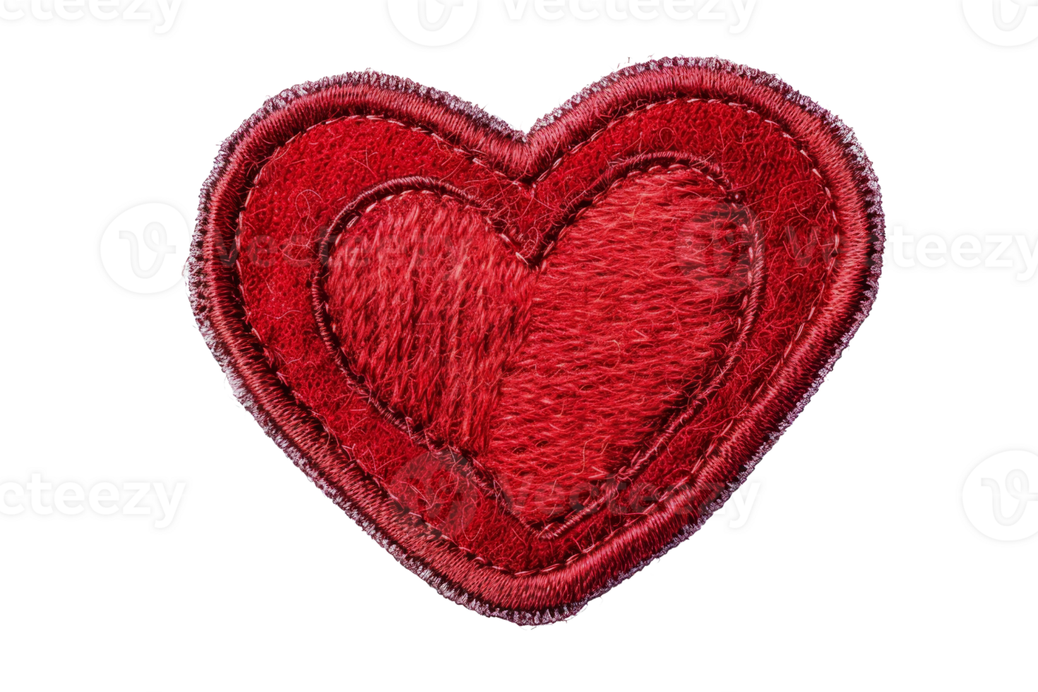 Close-up of a red embroidered heart patch on a transparent background, perfect for Valentine's Day, crafts, and clothing decoration. png