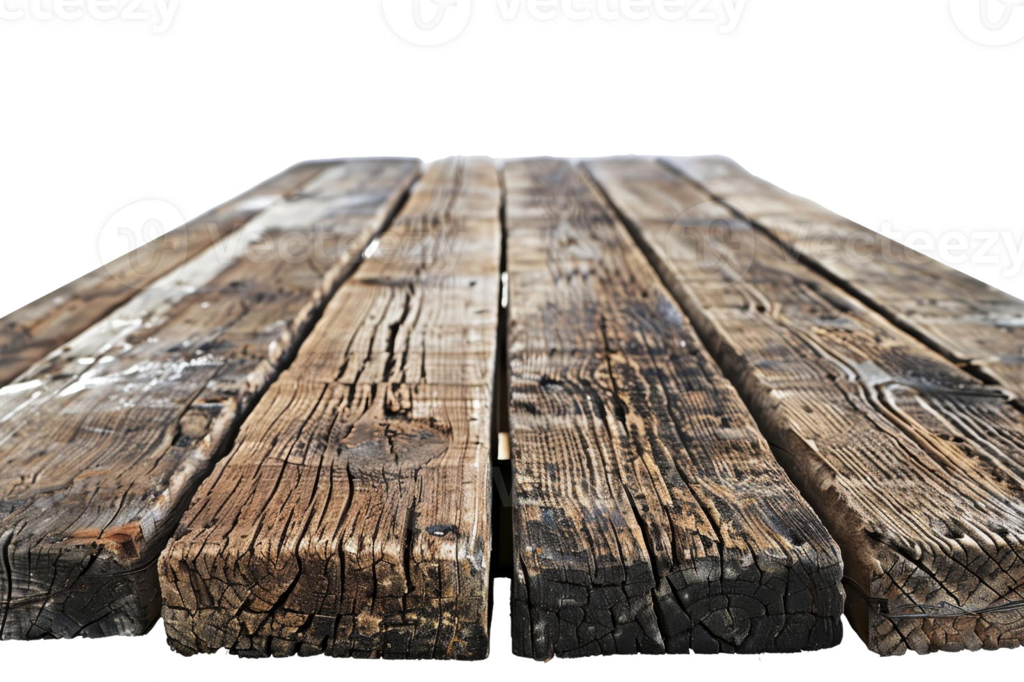 Close-up of old, weathered wooden planks arranged in a row, highlighting texture and imperfections, perfect for rustic background or design elements. png