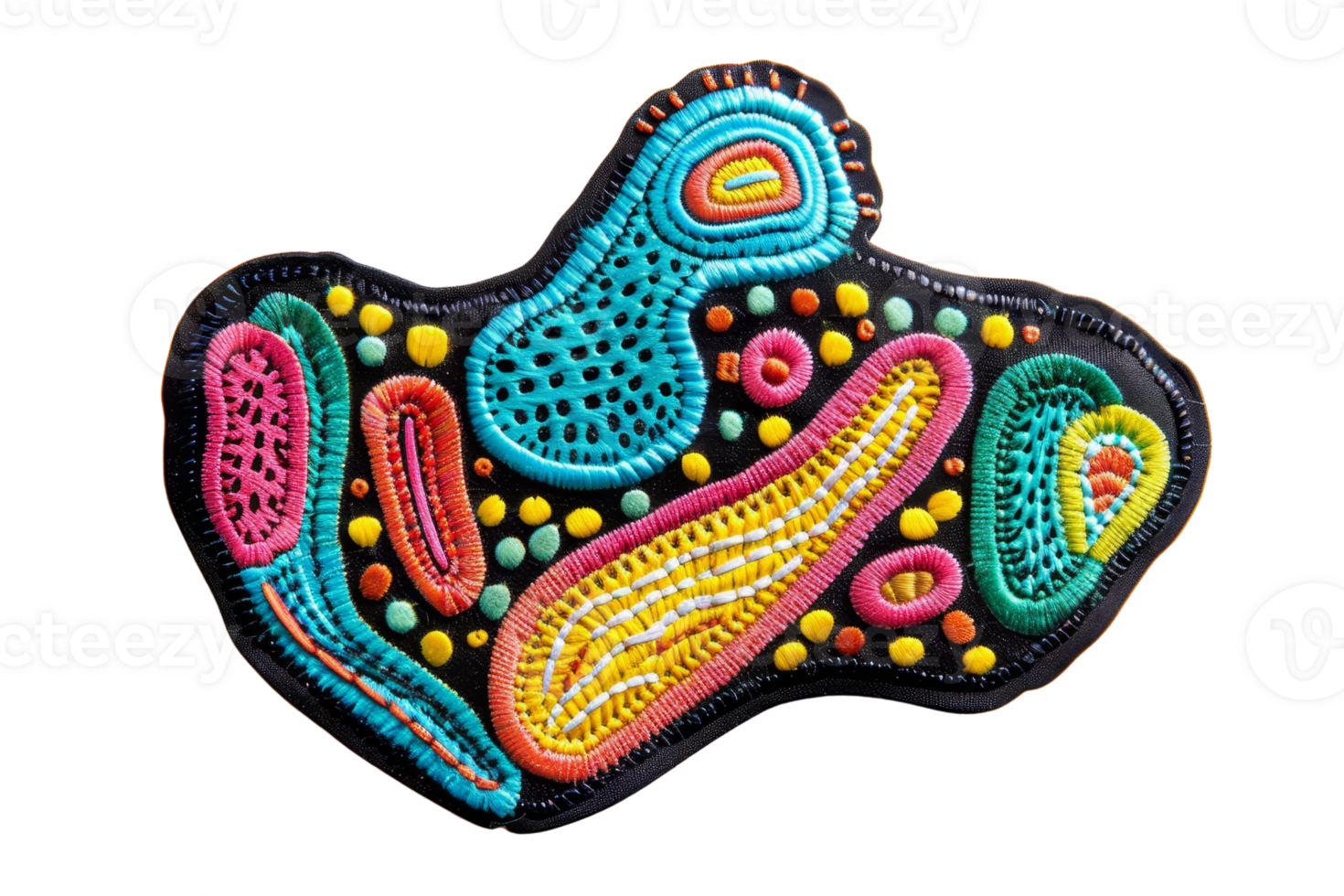 Colorful abstract embroidered patch on black background, featuring vibrant patterns in various shapes and textures. png