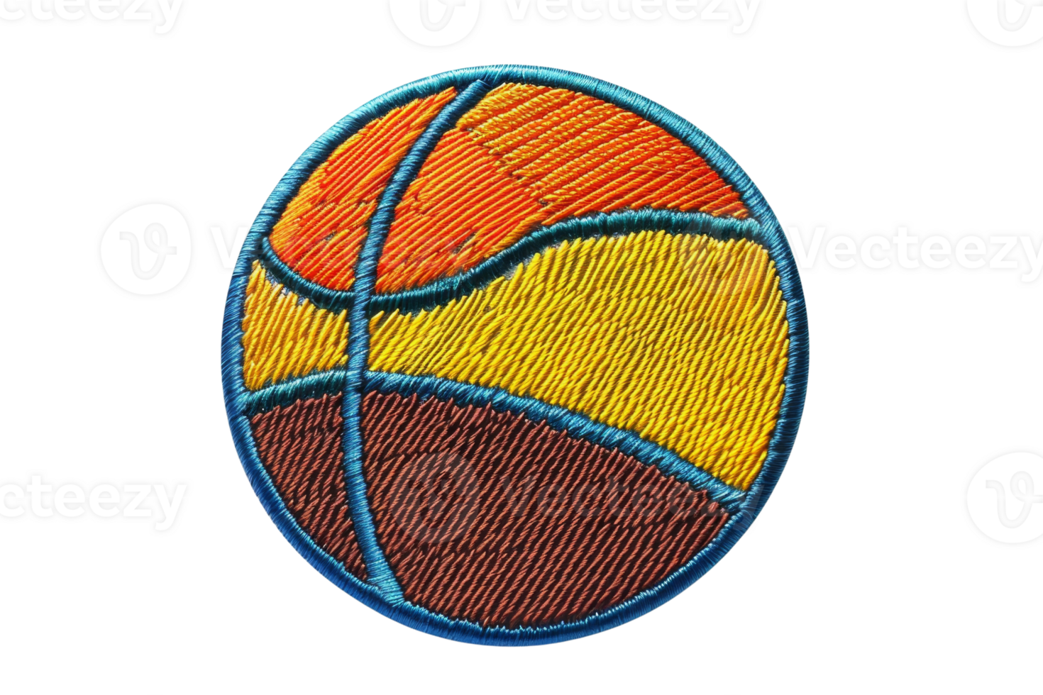 A colorful, round embroidered patch with geometric patterns in shades of orange, yellow, and brown, highlighted by blue outlines. png