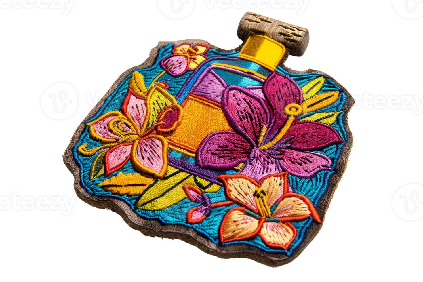 Colorful embroidered patch featuring a perfume bottle adorned with vibrant floral designs on a transparent background. png