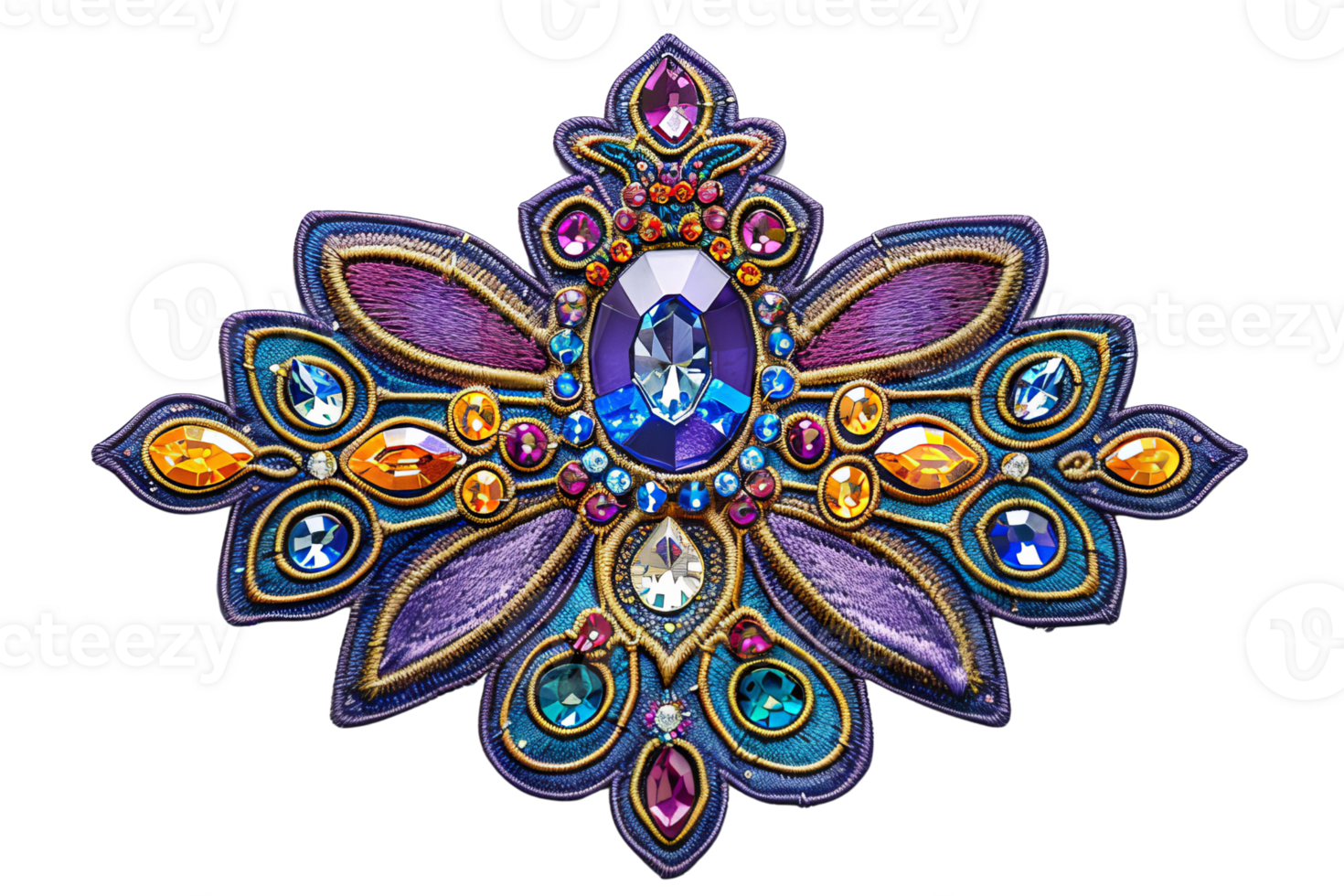 Ornate jeweled brooch with colorful gemstones in intricate design, featuring blue, purple, and gold details, isolated on transparent background. png