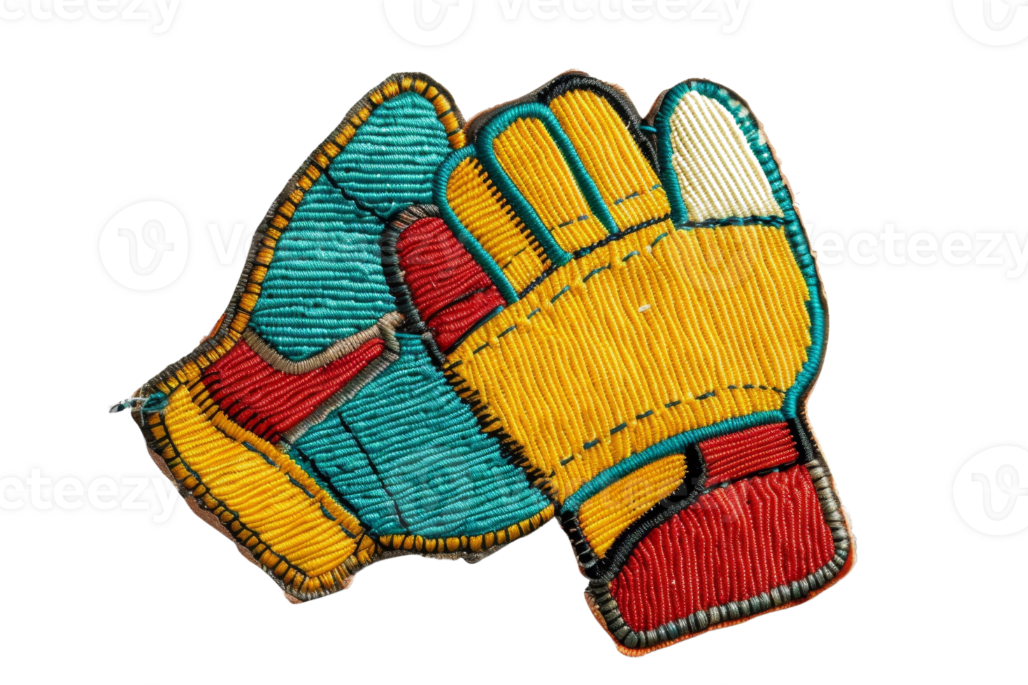 Colorful embroidered gloves patch on transparent background. Detailed stitch work showcasing vibrant design suitable for clothing and accessories. png