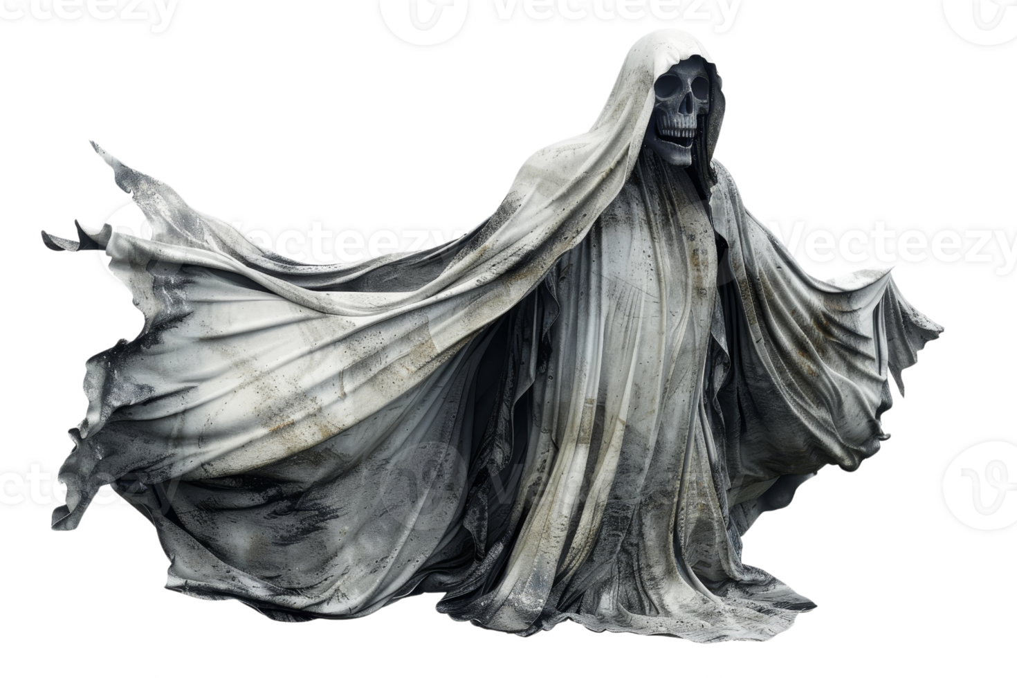 Ethereal hooded figure with dramatic flowing cloak, representing mystery, darkness, and ghostly presence, ideal for Halloween or gothic themes. png