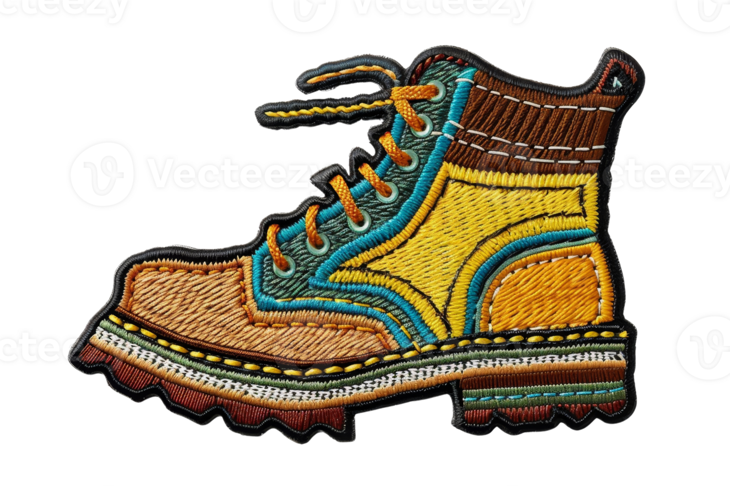 Colorful embroidered hiking boot patch isolated on transparent background. Perfect for decorating jackets, bags, or hats. png