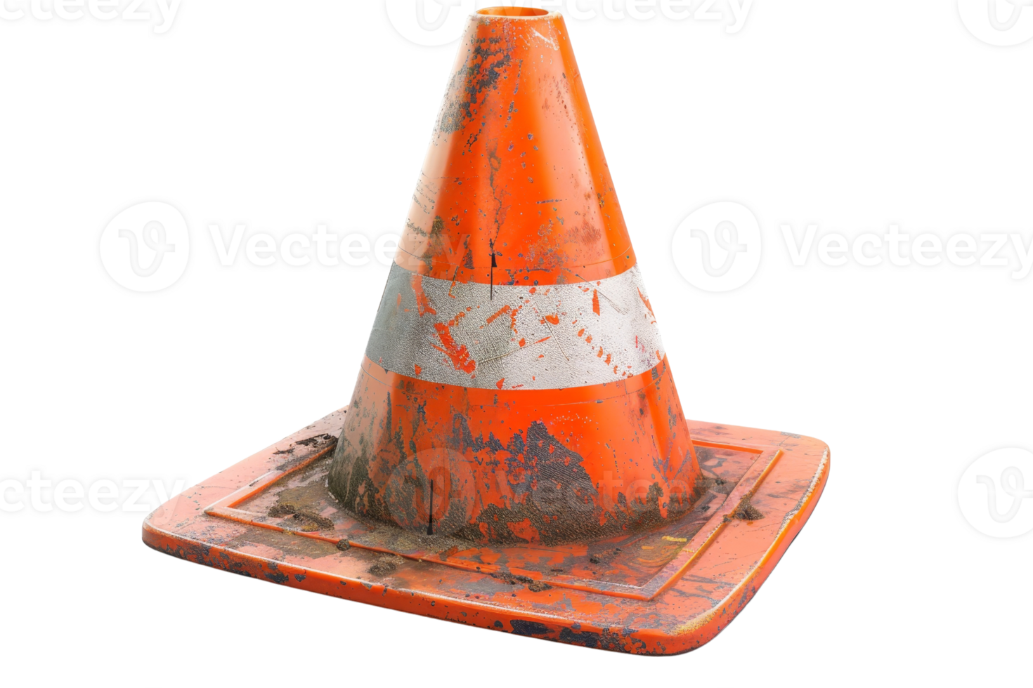 A dirty traffic cone isolated on a transparent background. representing road safety, construction zones, and traffic management. png