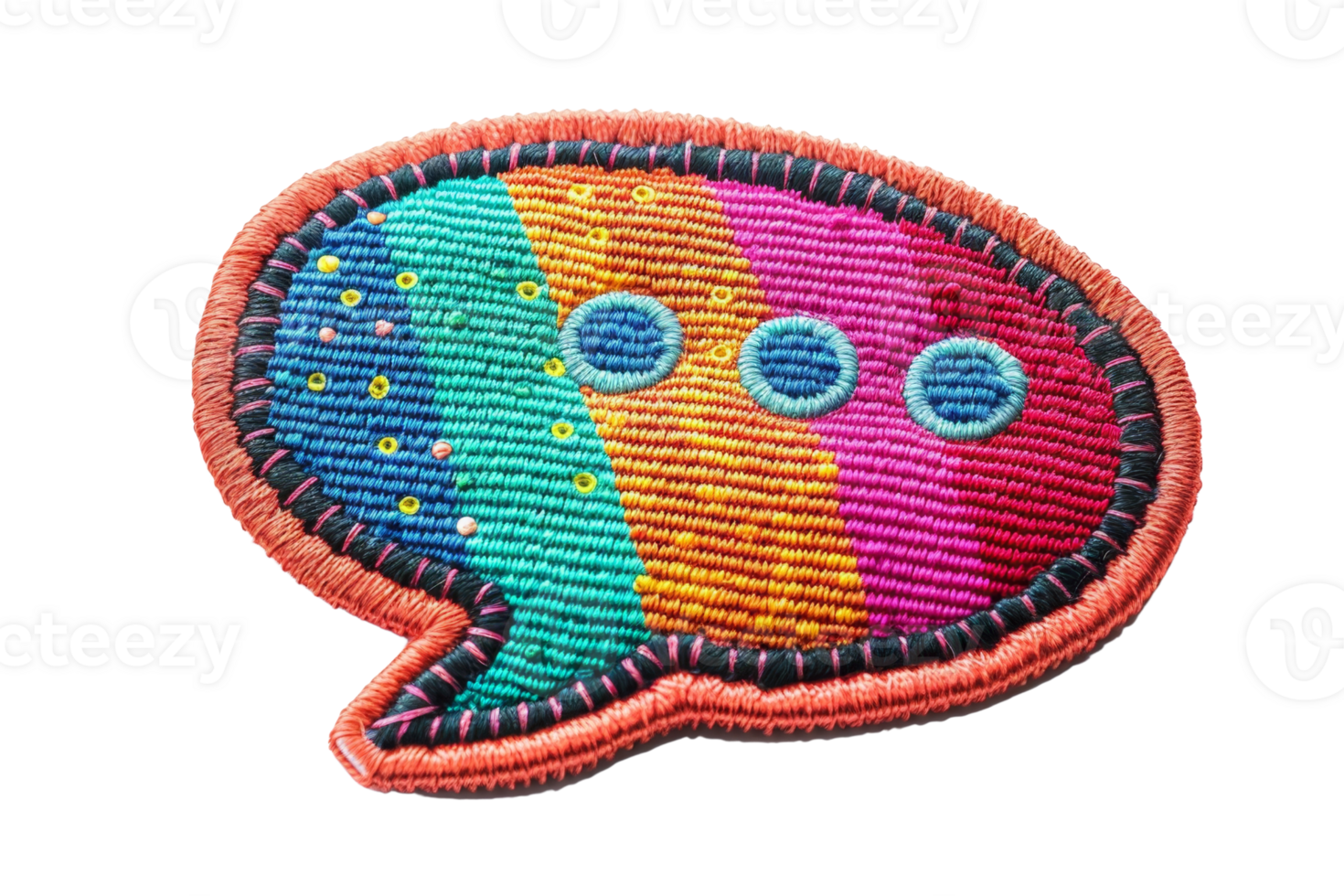 Colorful speech bubble patch with intricate embroidery and vibrant design showcasing a unique textile art piece on a transparent background. png