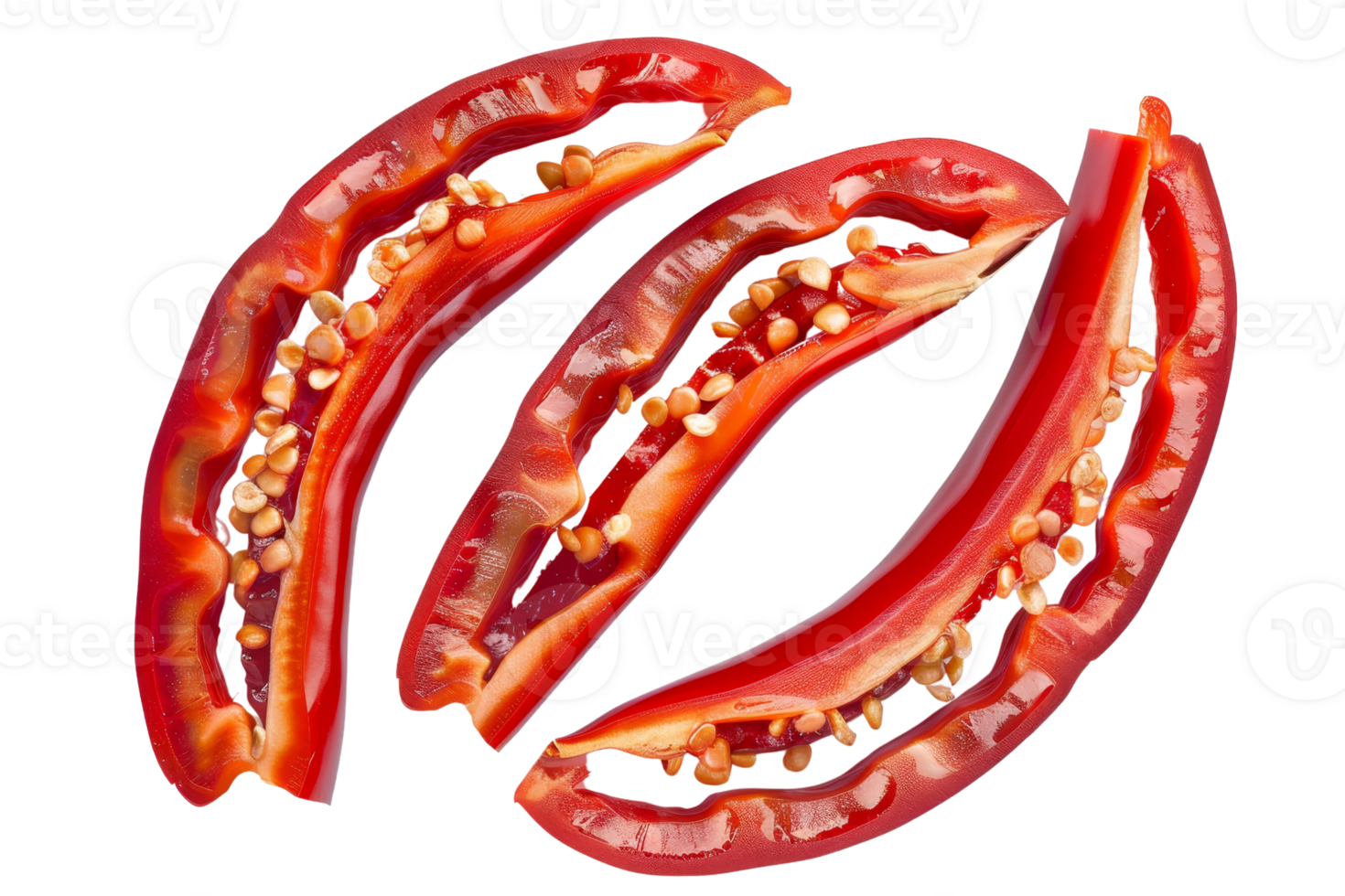 Fresh sliced red chili peppers isolated on transparent background. showcasing vibrant color and texture, perfect for cooking and food photography. png