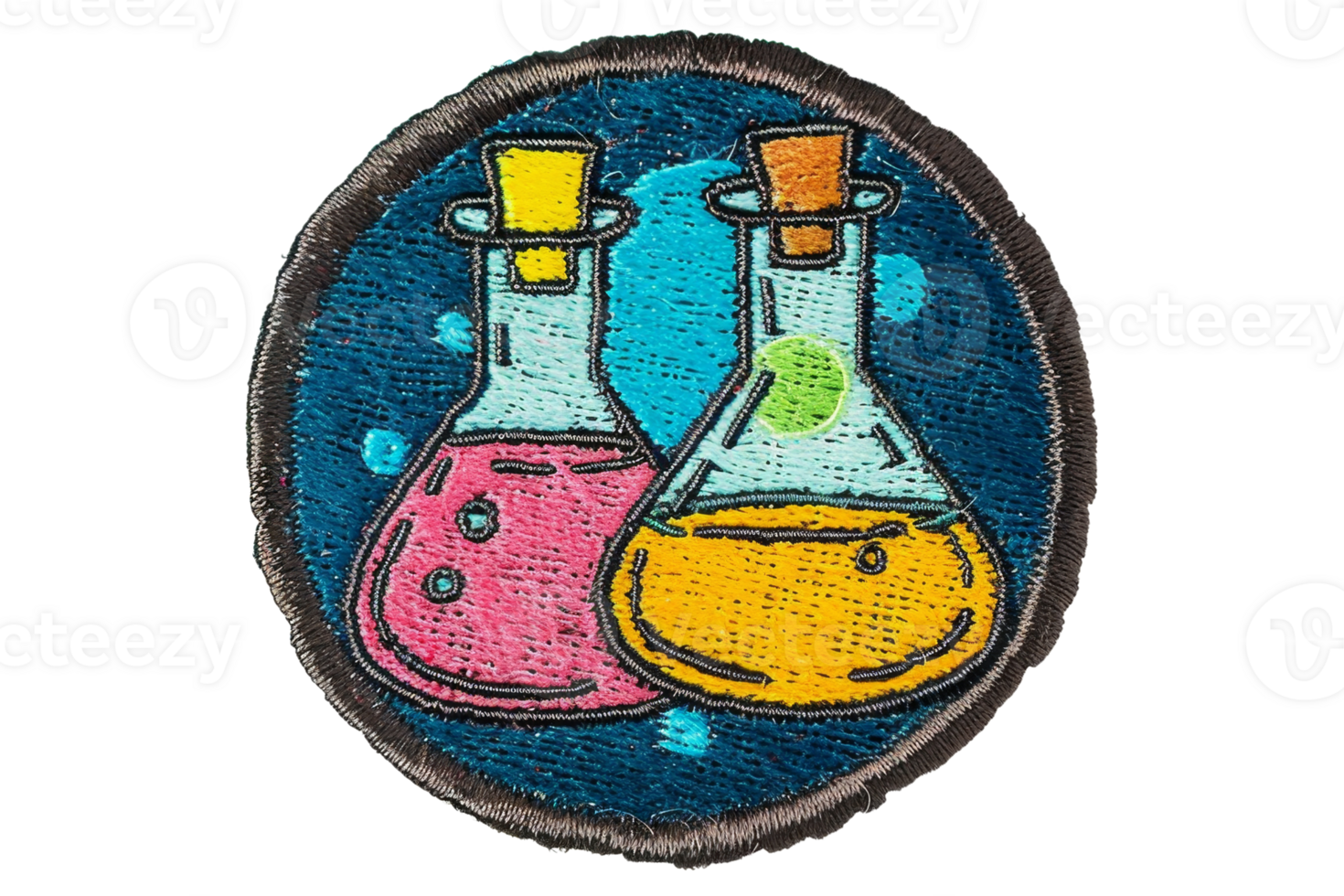 Colorful science badge featuring two flasks with vibrant liquids, perfect for education and science-themed projects. png