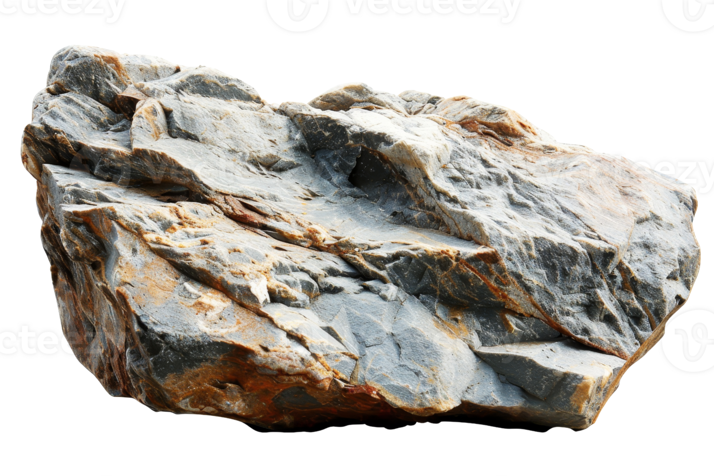 Isolated image of a large, rugged rock with a mix of grey and brown coloring, showing natural textures and formations. png