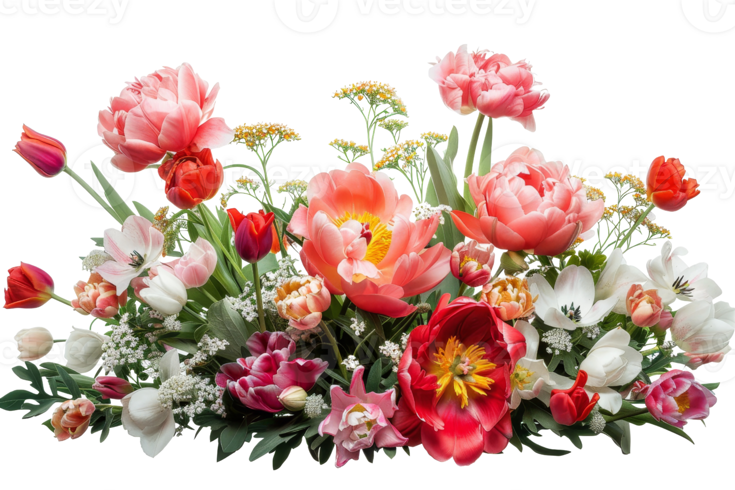 Colorful bouquet of various flowers, including tulips, roses, and peonies, arranged in a beautiful floral display. Perfect for spring scenes. png