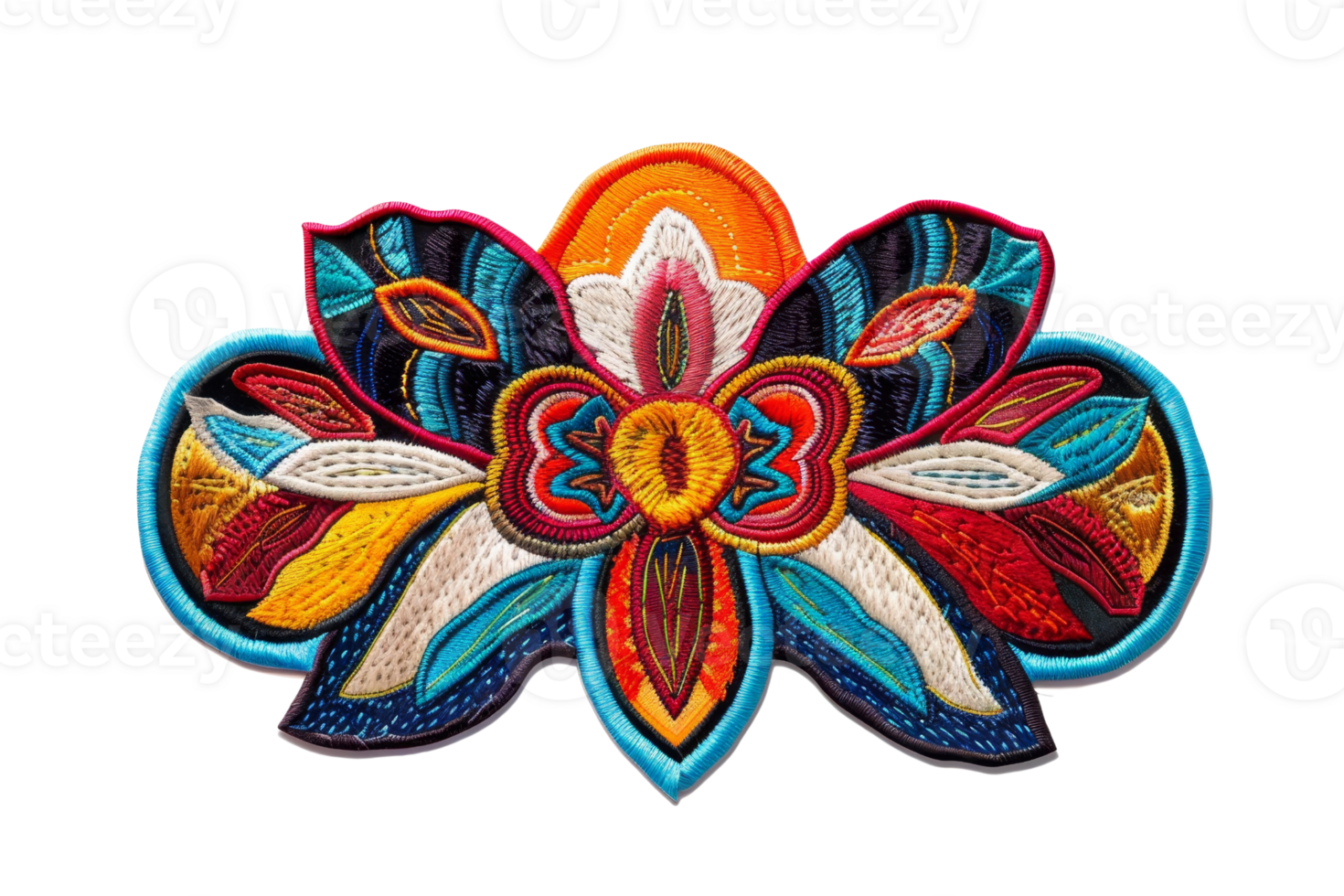 Vibrant handmade textile flower design with intricate patterns and colorful threads, perfect for art and craft showcases or cultural decorations. png