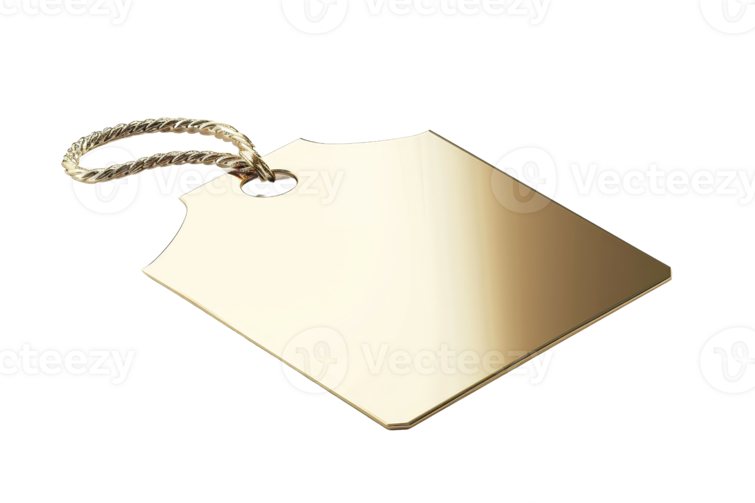 A gold tag with a white background. The tag is hanging from a string png