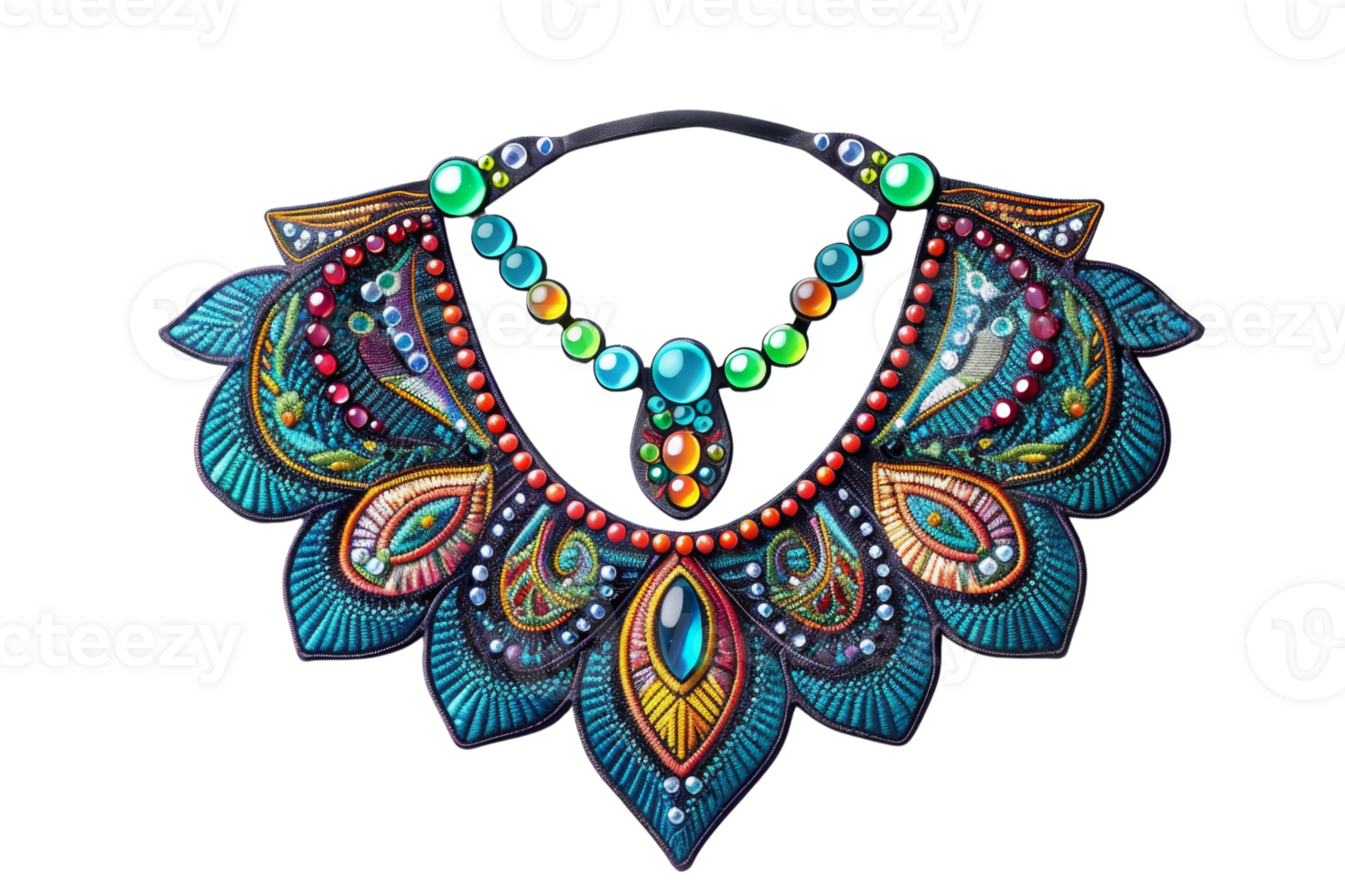 Intricate, colorful bead necklace with elegant peacock feather design, showcasing vibrant beads and detailed craftsmanship, perfect for fashion and decor. png