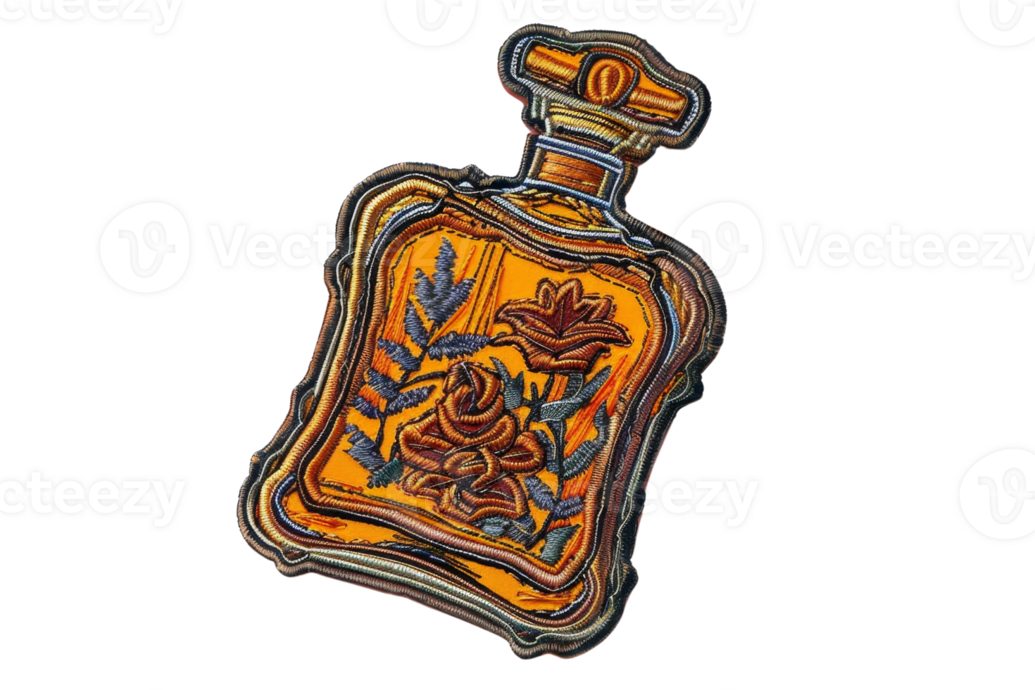 Vintage perfume bottle with floral design. Decorative fragrance container, ideal for art and design projects. Isolated on transparent background. png
