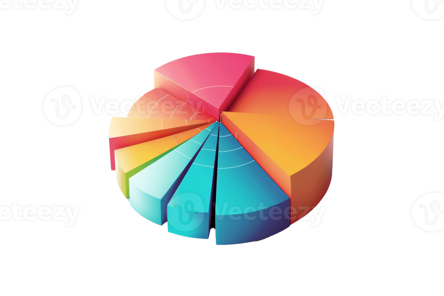 3D colorful pie chart with various segments representing data distribution. Ideal for business, finance, and statistical presentations. png