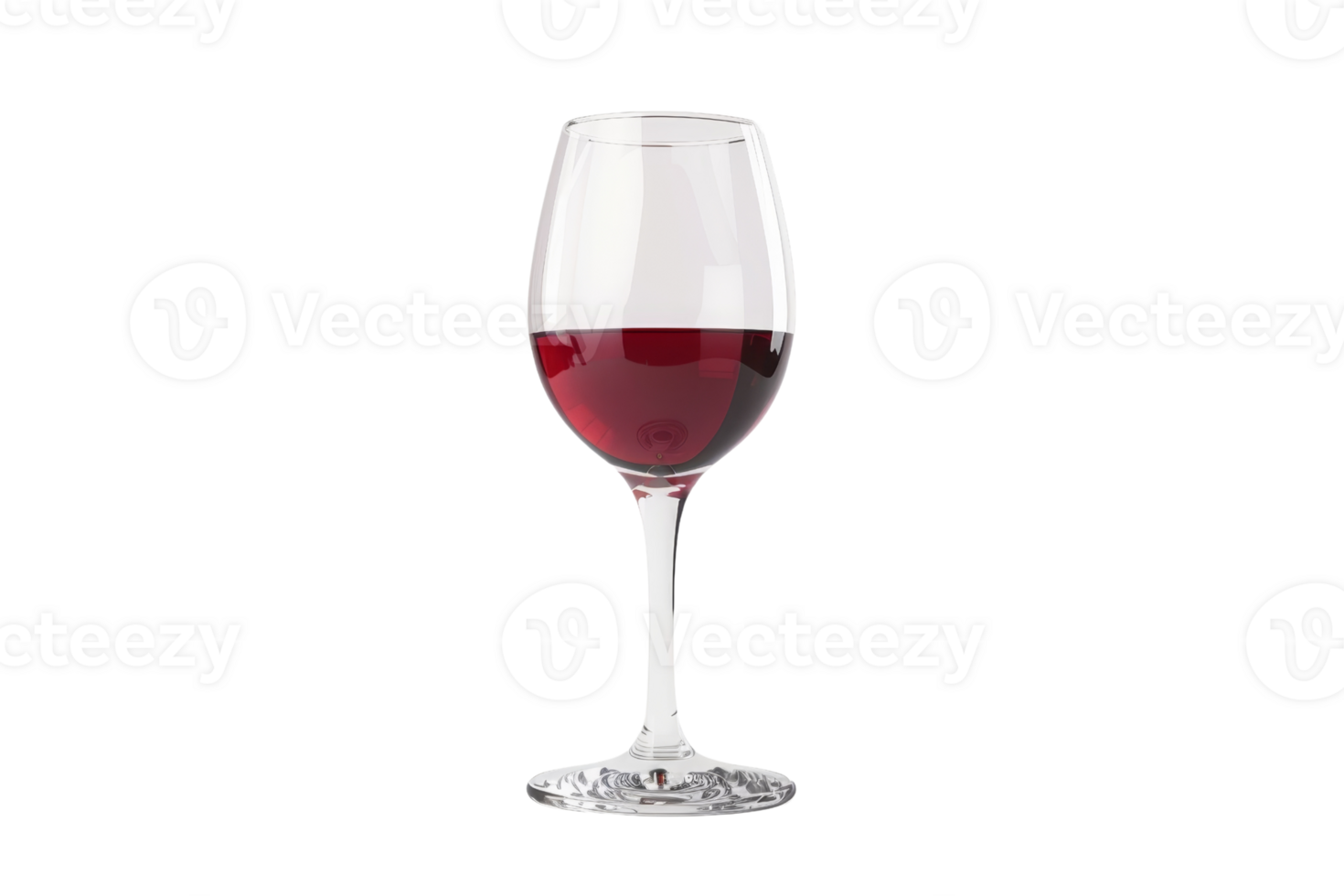 Close-up of a clear wine glass filled with red wine against a transparent background. highlighting its rich color and elegant presentation. png