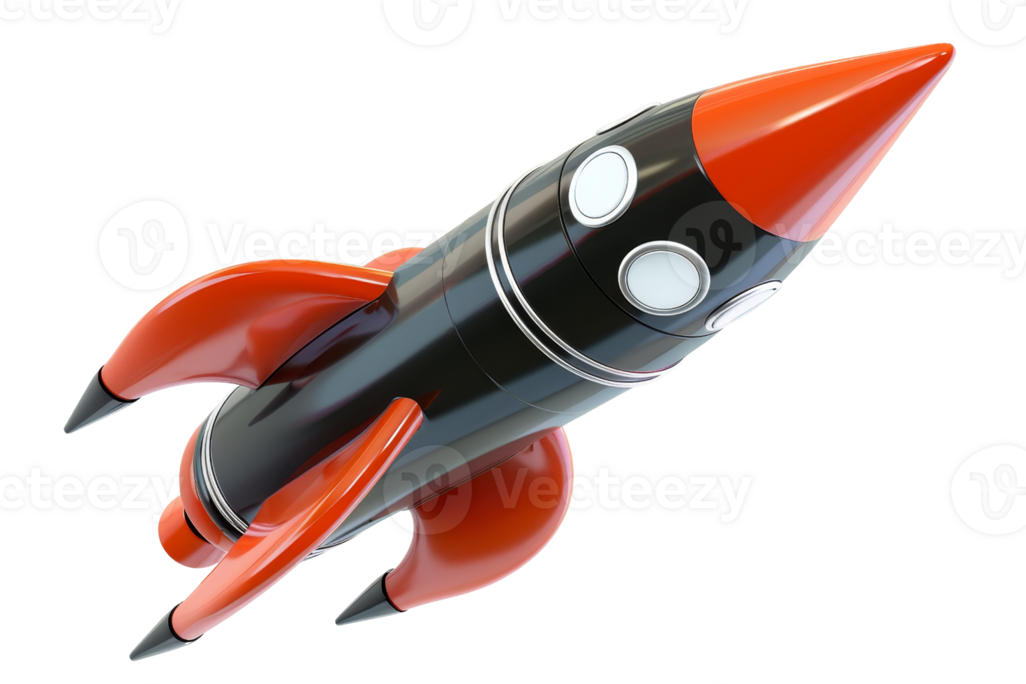 3D illustration of a sleek black and red rocket ship with circular windows, isolated on a transparent background. symbolizing space exploration. png