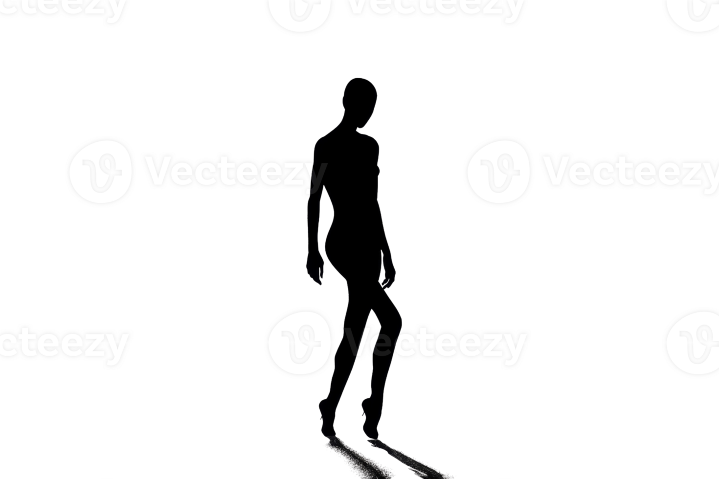 A woman is walking in the dark. She is wearing a black dress and is barefoot. The image is in black and white png