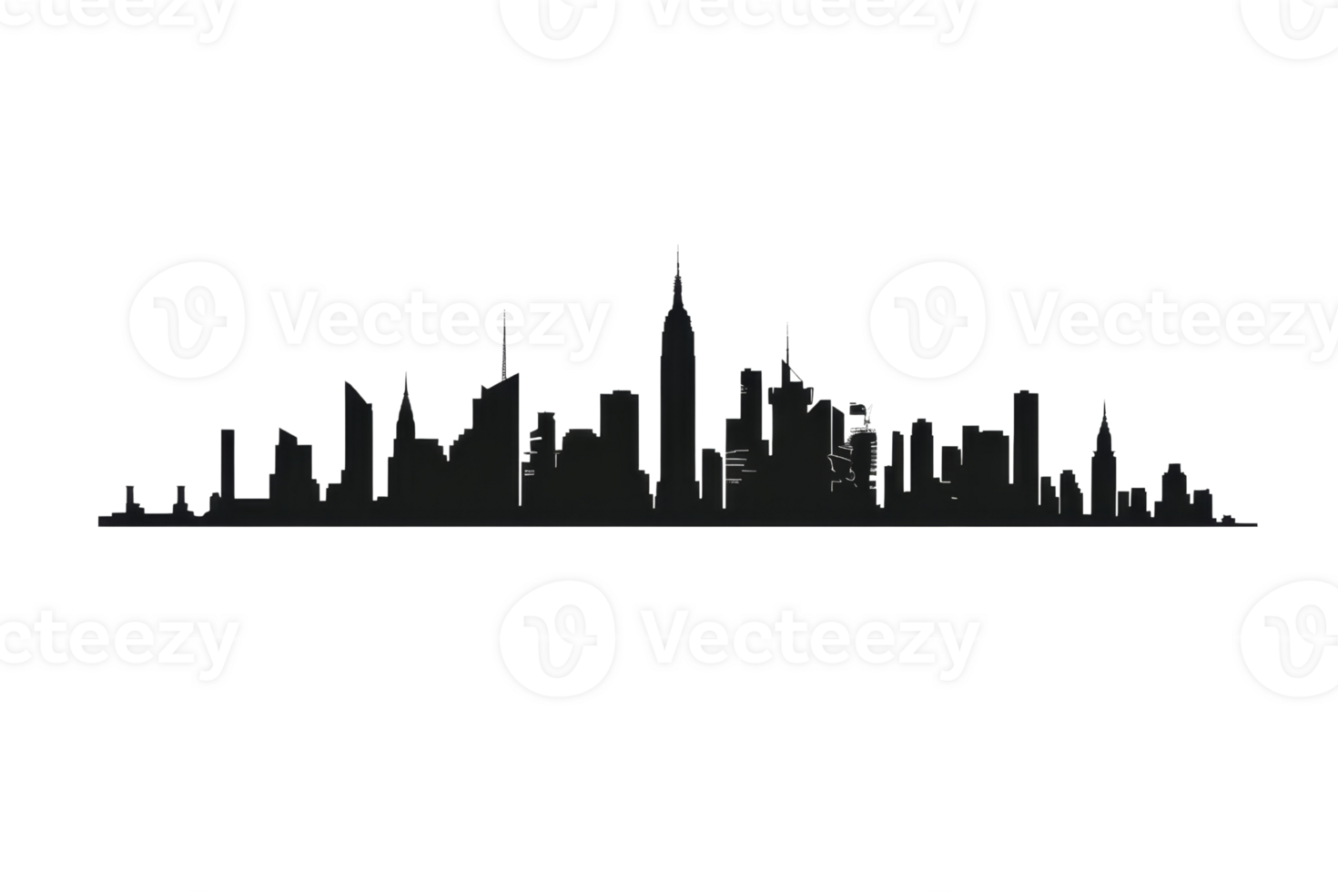 A city skyline is shown in black and white. The buildings are tall and the city appears to be bustling with activity. The skyline stretches across the entire image, from the left to the right side png